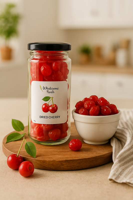 βClear glass jar of dried cherries with red fruit visible inside, shown in a vibrant kitchen setupβ