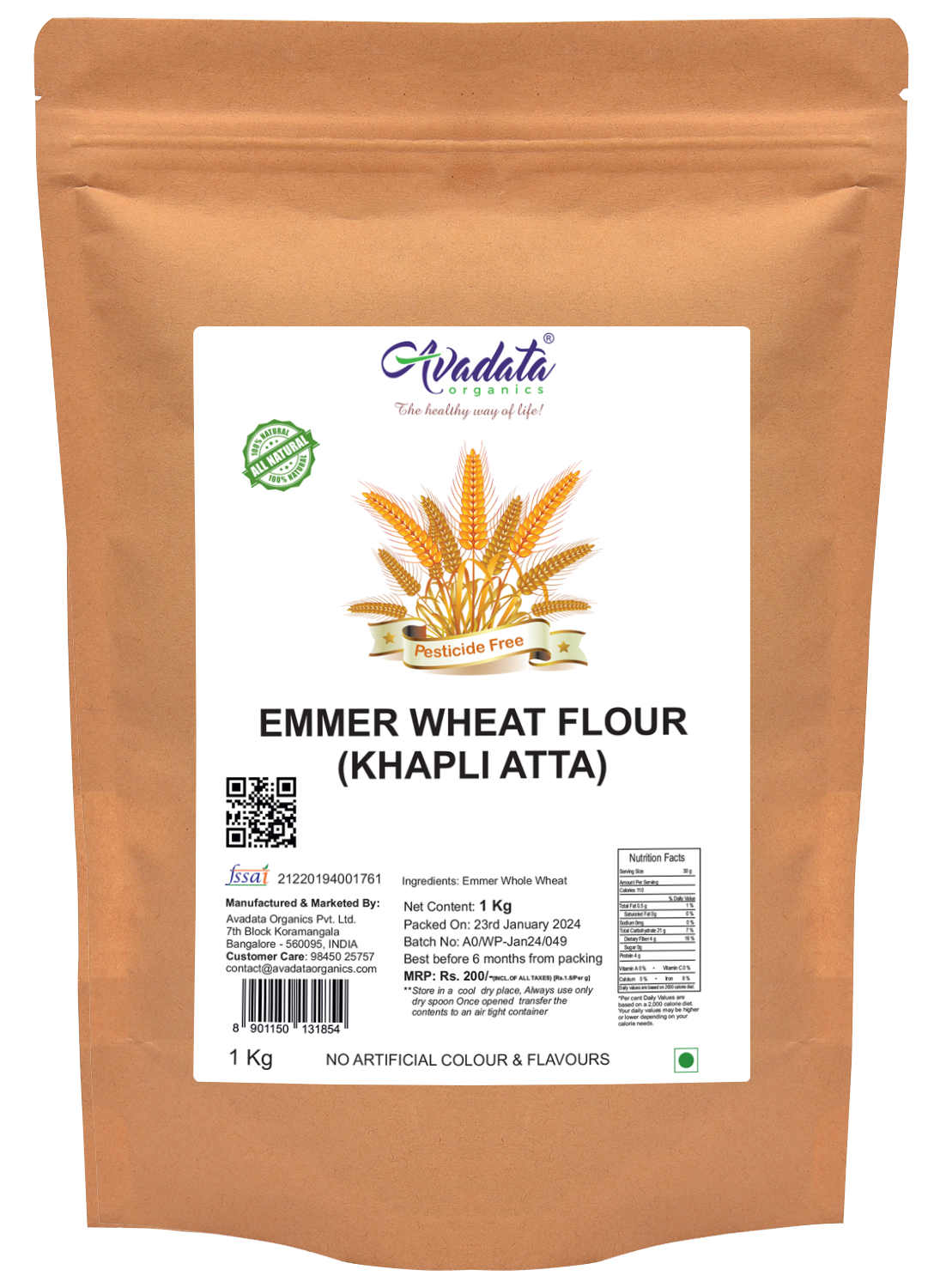Package of Emmer Wheat Flour with label on a white background
