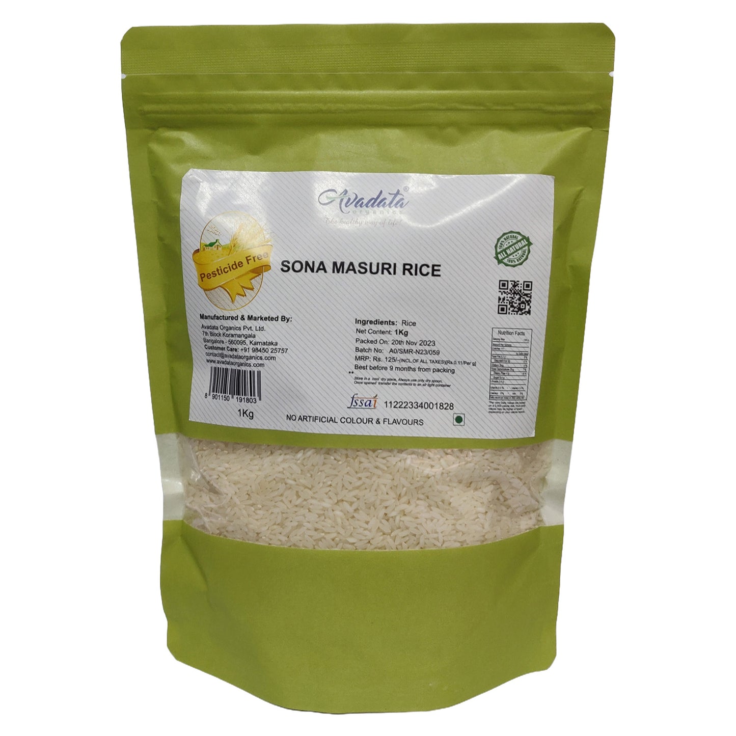Pesticide-free Avadata Organics Sona Masuri Rice 1kg in a resealable green pouch with nutrition and brand label