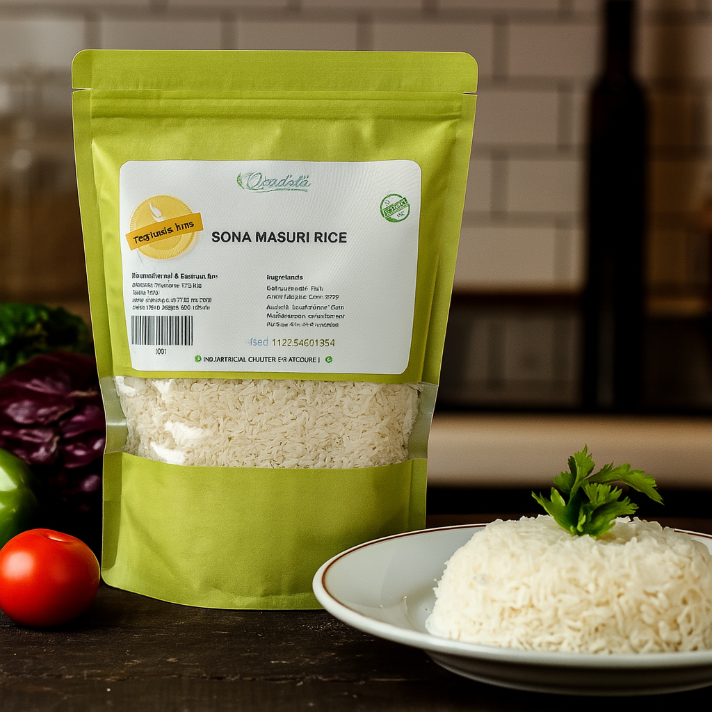 Cooked Sona Masuri rice served on a white plate with parsley garnish and spice ingredients around
