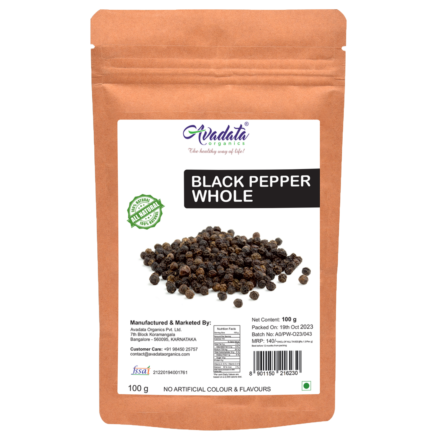 Avadata Organics Whole Black Pepper – Premium, sun-dried, and perfect for grinding fresh, seasoning, and spice blends.