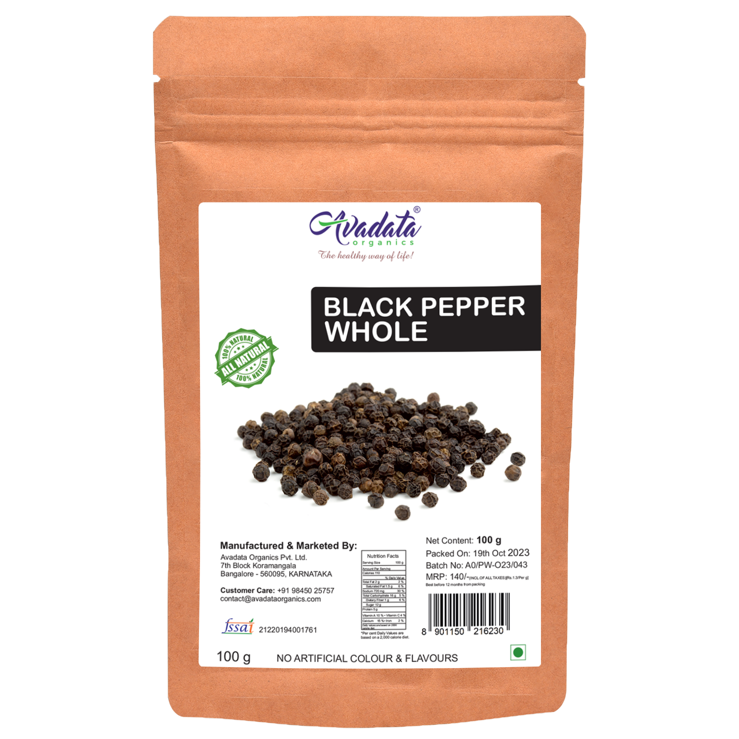 Avadata Organics Whole Black Pepper – Premium, sun-dried, and perfect for grinding fresh, seasoning, and spice blends.