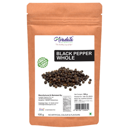 Avadata Organics Whole Black Pepper – Premium, sun-dried, and perfect for grinding fresh, seasoning, and spice blends.