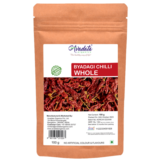 Avadata Organics Dry Byadagi Chilli – Mild heat, vibrant red color, and perfect for curries, chutneys, and spice blends