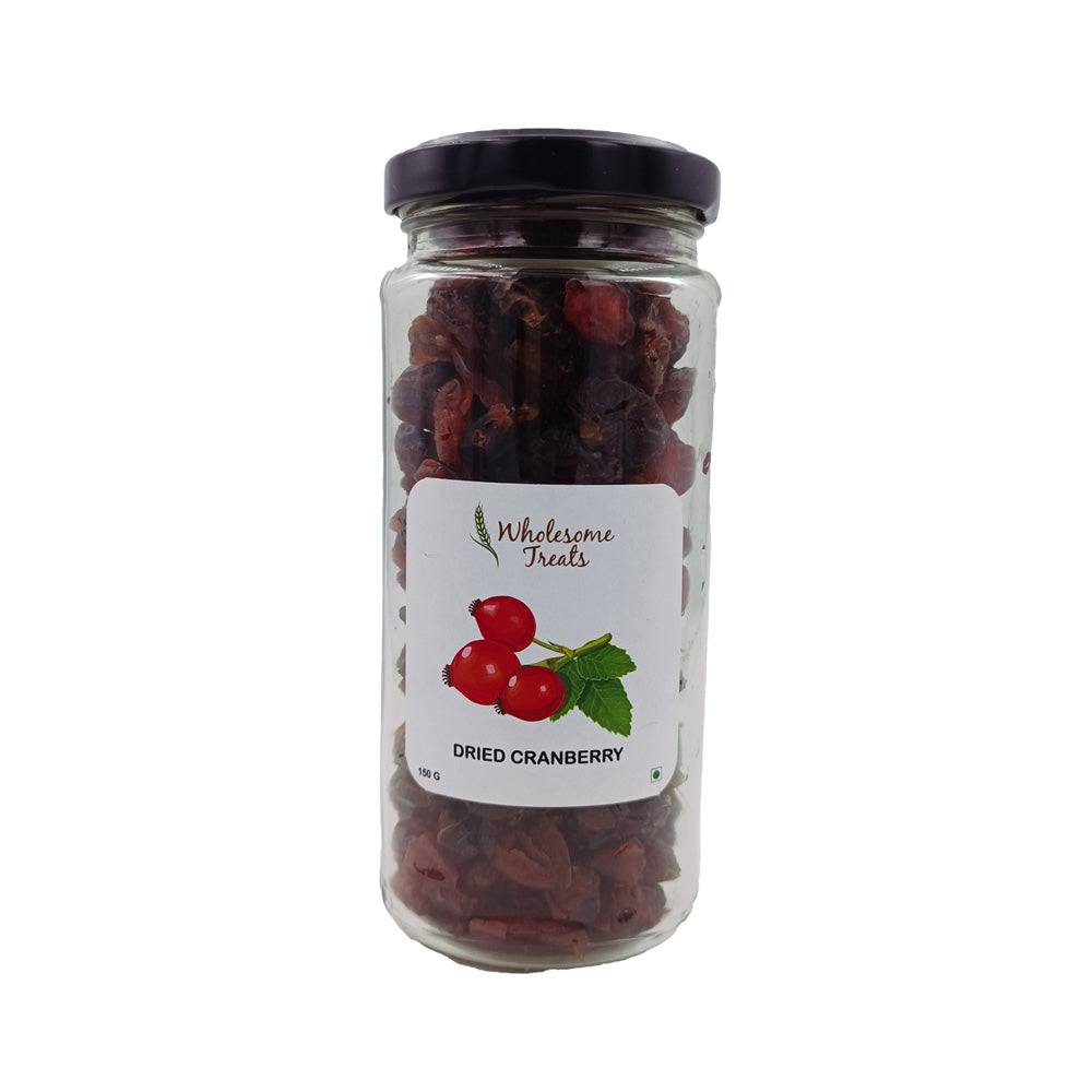 Glass jar of Avadata Organics Dried Cranberry Whole – 150 g, naturally sweet, antioxidant-rich dried fruit for healthy snacking in India
