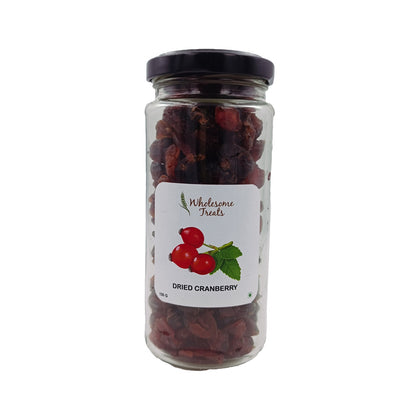 Glass jar of Avadata Organics Dried Cranberry Whole – 150 g, naturally sweet, antioxidant-rich dried fruit for healthy snacking in India