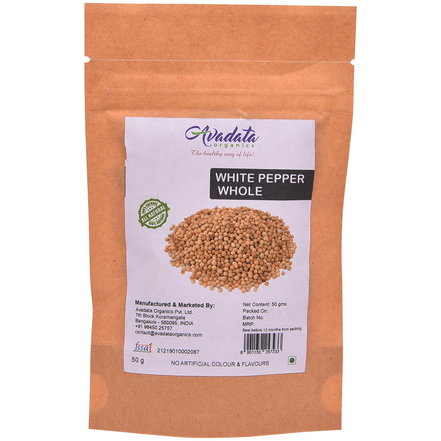 Avadata Organics Whole White Pepper – Premium, sun-dried, and perfect for gourmet cooking, creamy dishes, and spice blends