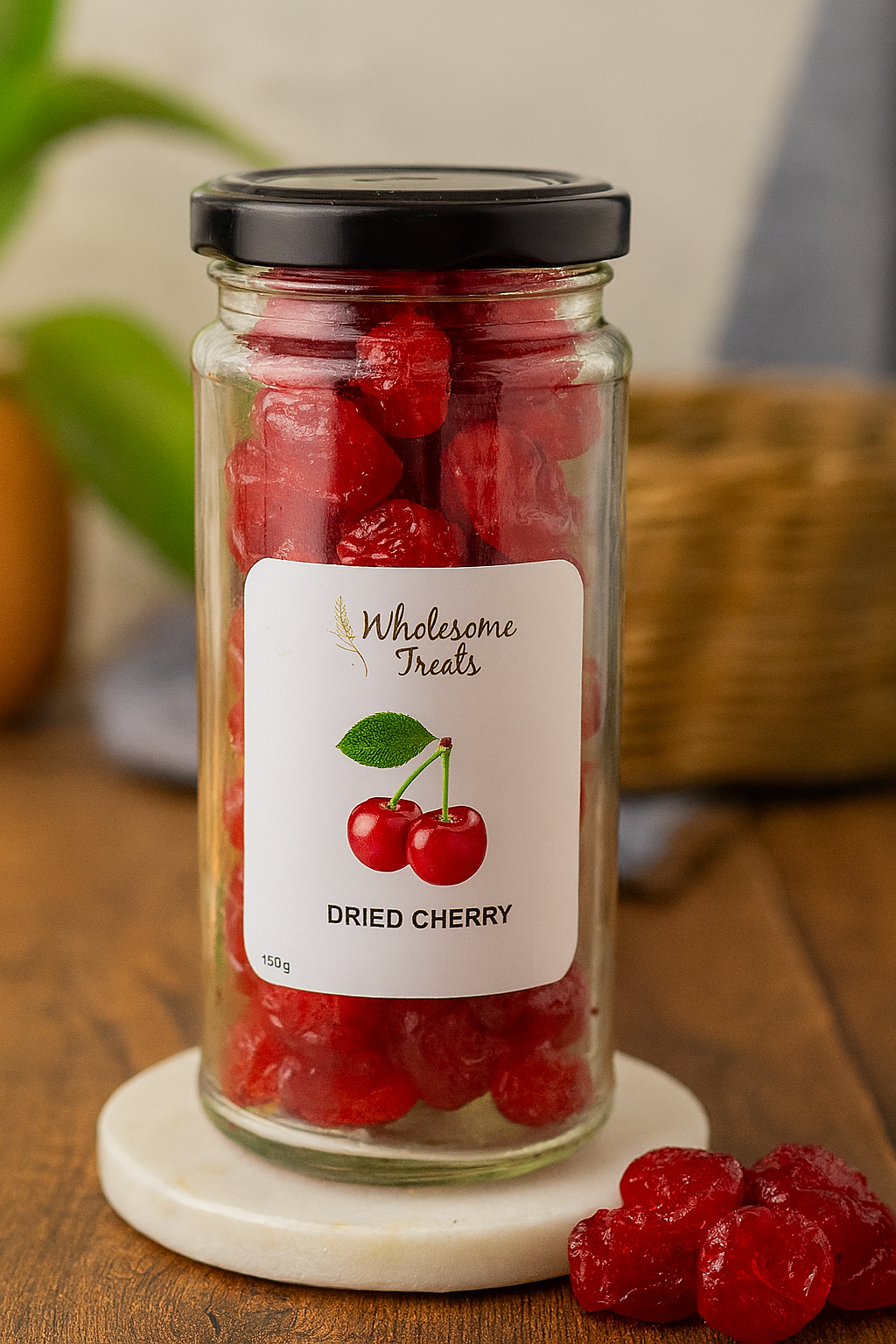 “Dried cherry snack in glass jar placed on kitchen counter beside fresh ingredients – healthy snacking scene”