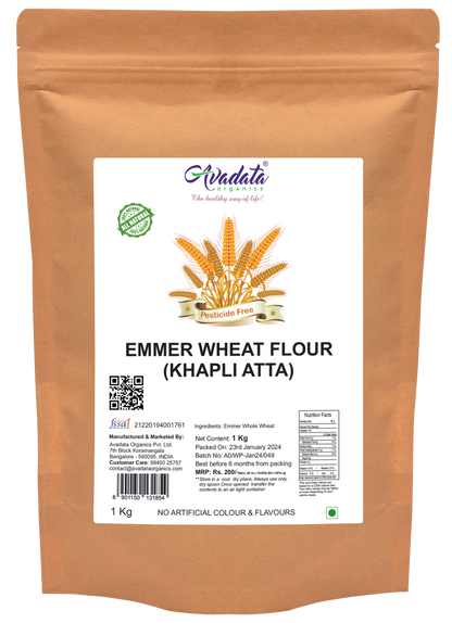 Package of Emmer Wheat Flour with label on a white background