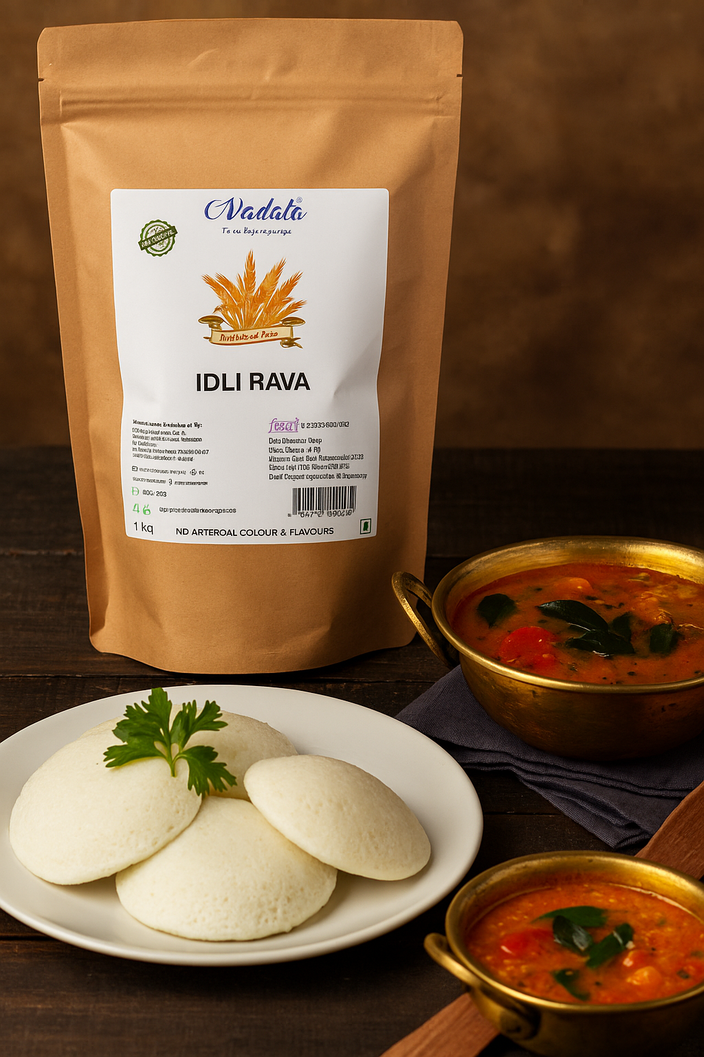 A photograph showcases Indian cuisine, featuring a plate of idli served with hot sambar and coconut chutney – traditional breakfast made using Avadata Idli Rava.