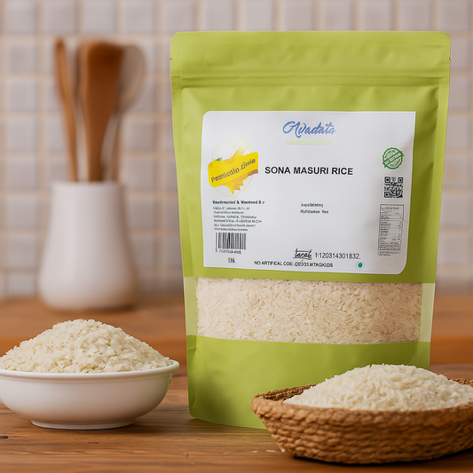 Kraft paper zip-lock pouch of Sona Masuri rice placed on rustic wooden surface with scattered grains and spices