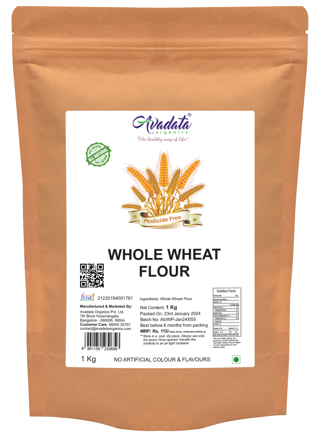 Avadata Organics Whole Wheat Chakki Fresh Atta pack – premium quality wheat flour for soft and fluffy chapatis